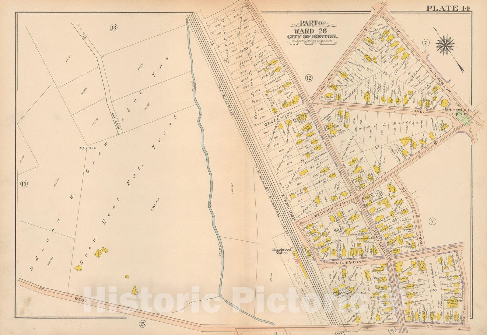 Historic Map : Atlas City of Boston Ward 26 Hyde Park, Hyde Park 1912 Plate 014 , Vintage Wall Art