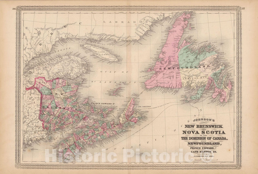 Historic Map : Family Atlas World, New Brunswick & Newfoundland & Nova Scotia & Prince Edward Island 1873 , Vintage Wall Art