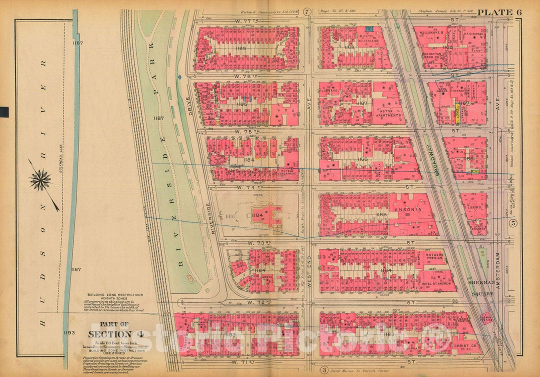 Historic Map : Atlas City of New York, Borough of Manhattan, Volume 3, 59th St to 110th St, Manhattan 1921 Plate 006 , Vintage Wall Art