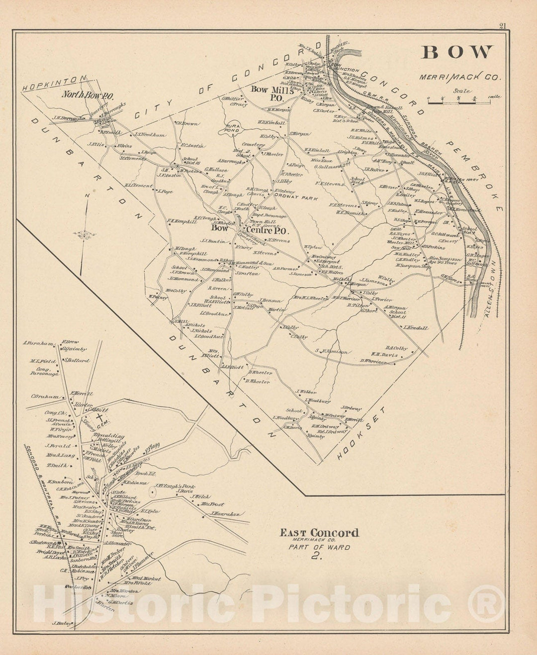 Historic Map : Bow & Concord 1892 , Town and City Atlas State of New Hampshire , Vintage Wall Art