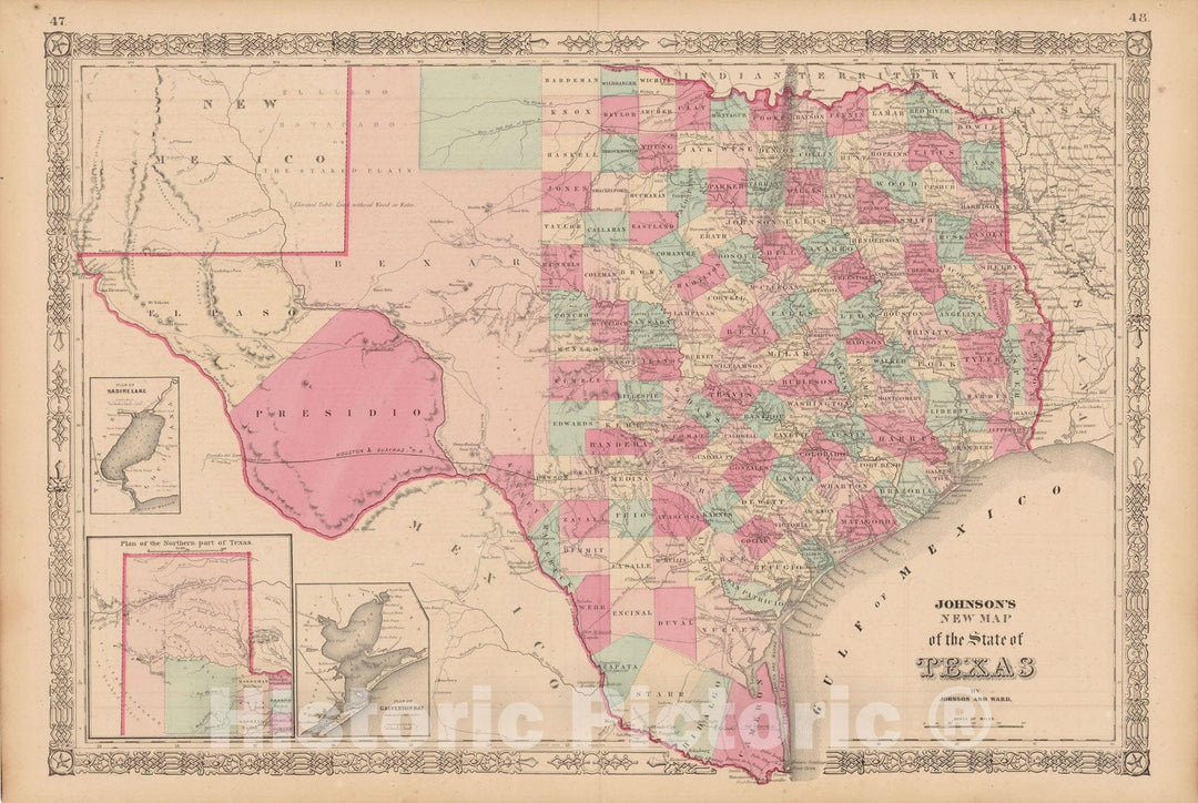 Historic Map : Texas 1865 , Johnson's Family Atlas , Vintage Wall Art