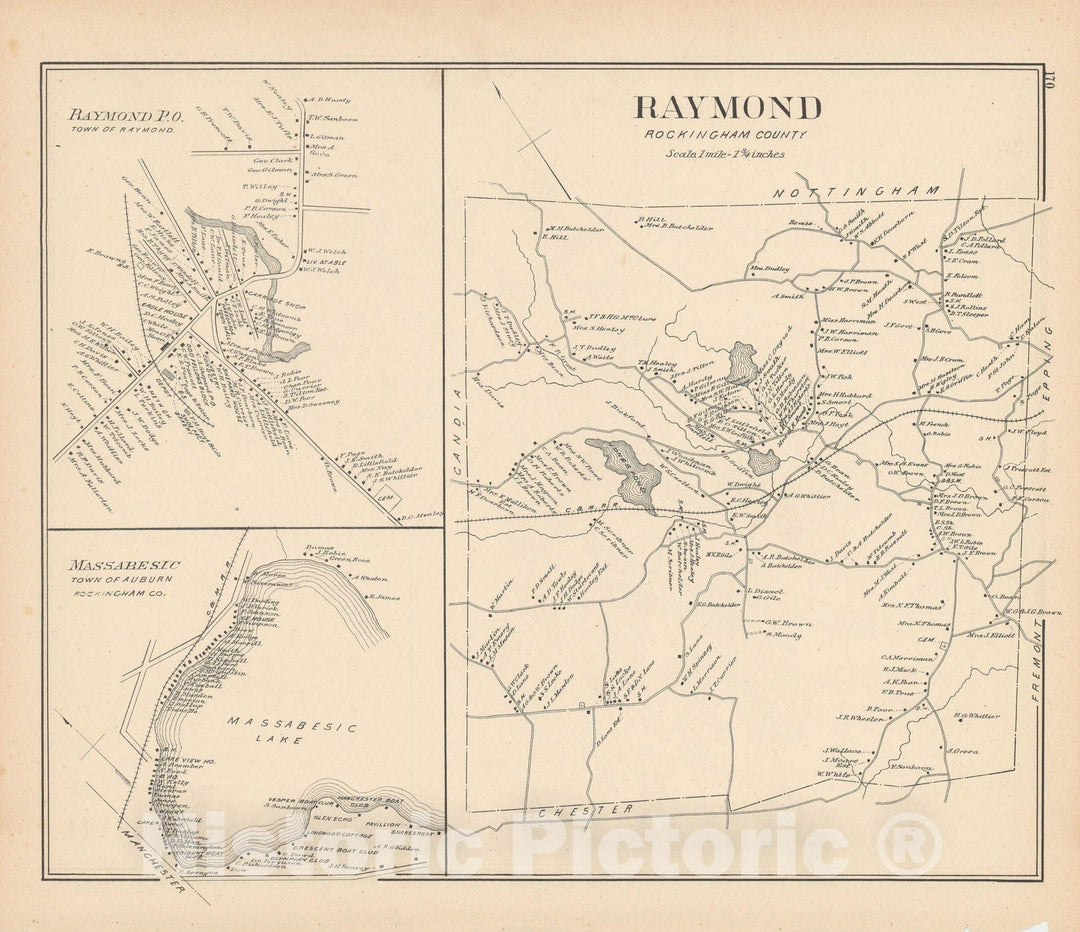 Historic Map : Auburn & Raymond 1892 , Town and City Atlas State of New Hampshire , Vintage Wall Art