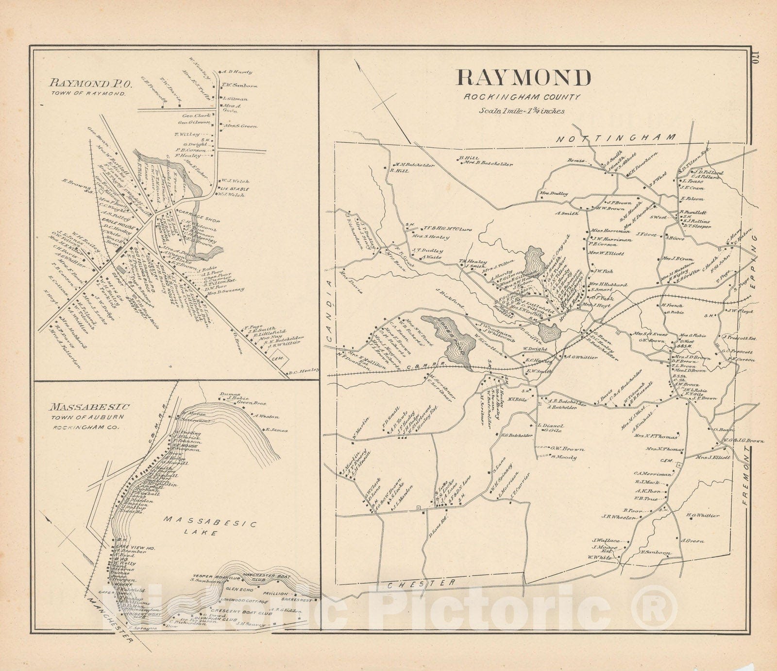 Historic Map : Auburn & Raymond 1892 , Town and City Atlas State of New Hampshire , Vintage Wall Art