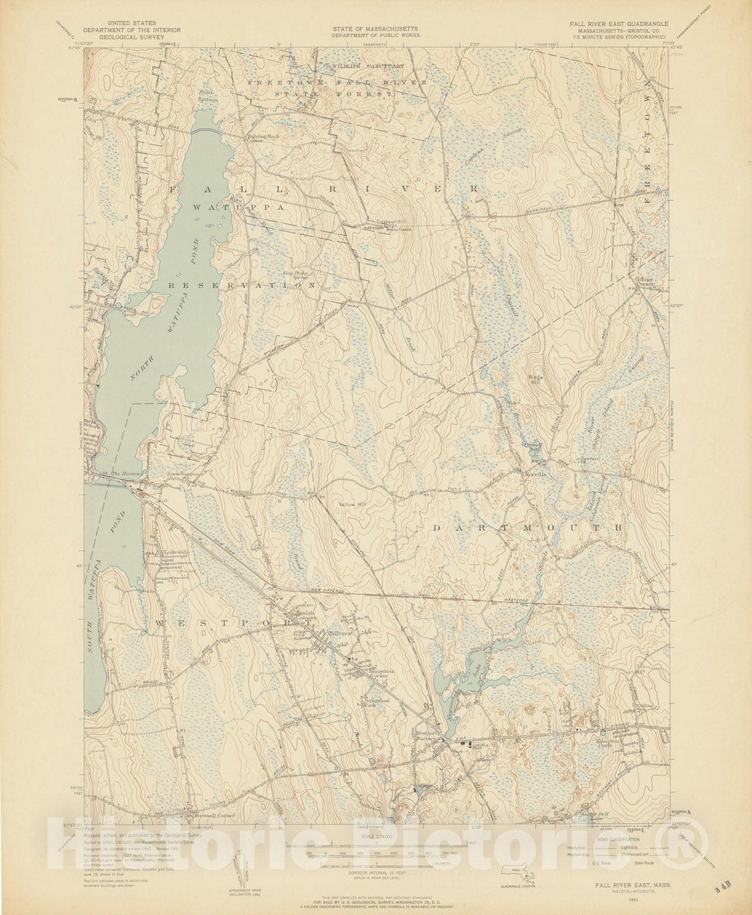 Historic Map : USGS 7.5 Minute Sheets and Quadrangles, Dartmouth & Fall River & Westport 1951 Topographic Map , Vintage Wall Art