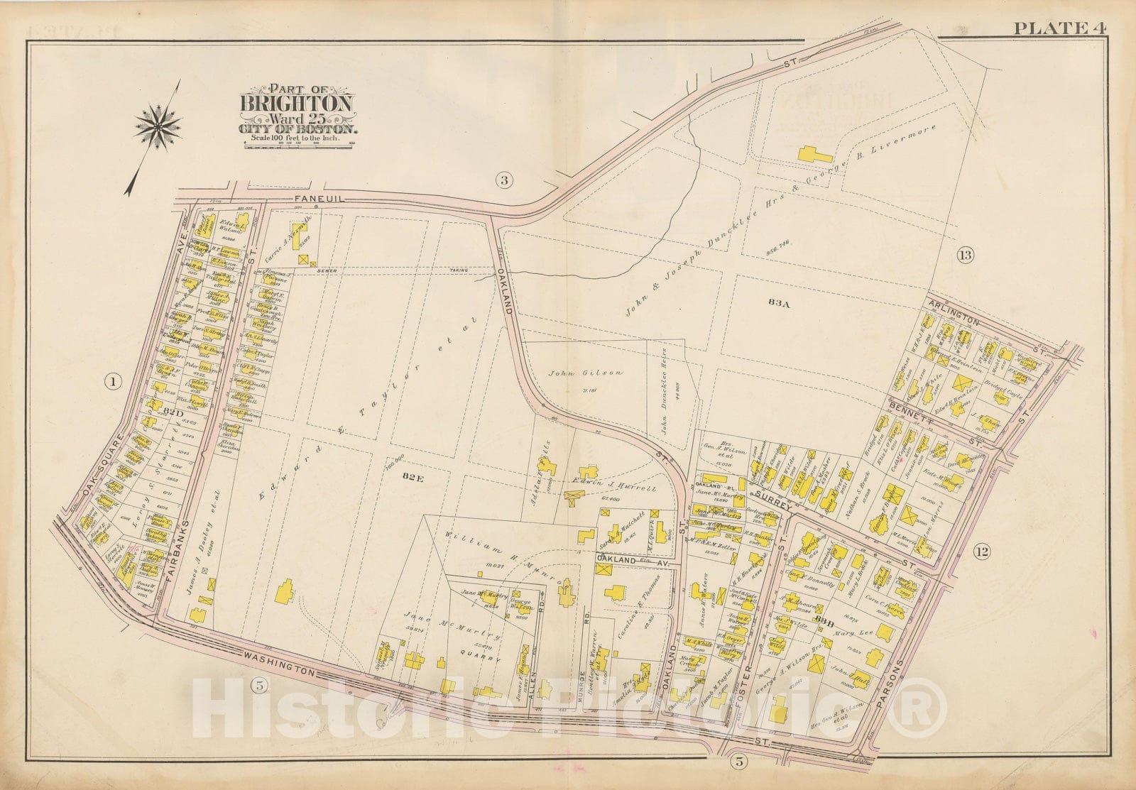 Historic Map : Atlas City of Boston Ward 25 Brighton, Brighton 1909 Plate 004 , Vintage Wall Art