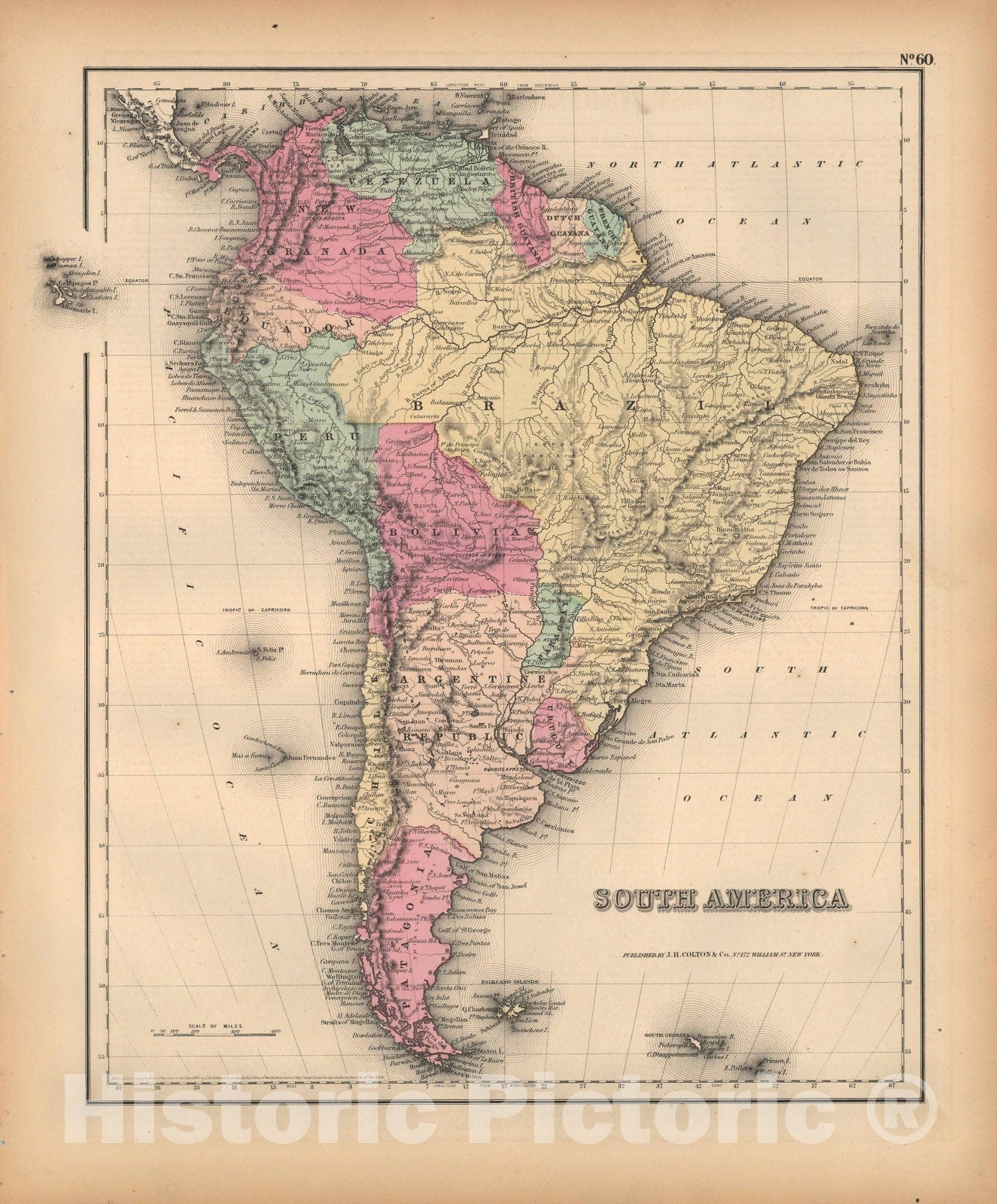 Historic Map : General Atlas (Of The World), South America 1857 , Vintage Wall Art