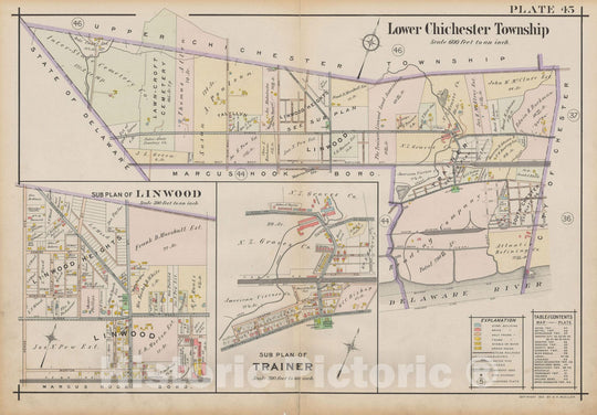 Historic Map : Atlas of Delaware County, West of Ridley Creek, Vol. Two, Lower Chichester 1913 Plate 045 , Vintage Wall Art