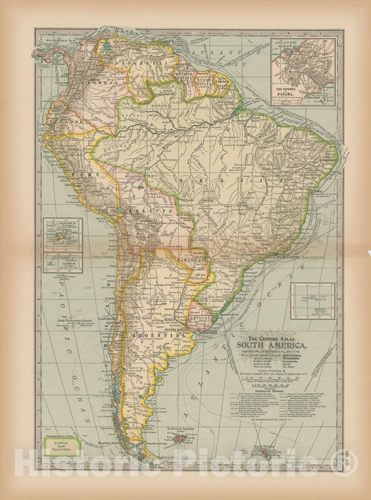 Historic Map : South America 1897 , The Century Atlas World , v2, Vintage Wall Art