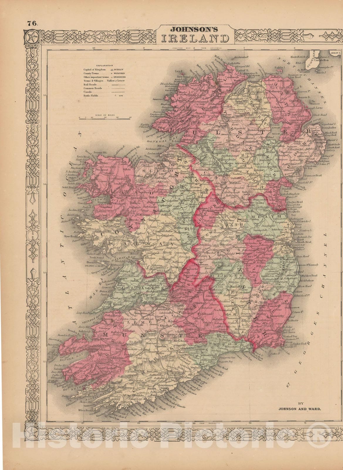 Historic Map : Ireland 1864 , Johnson's Family Atlas World , Vintage Wall Art