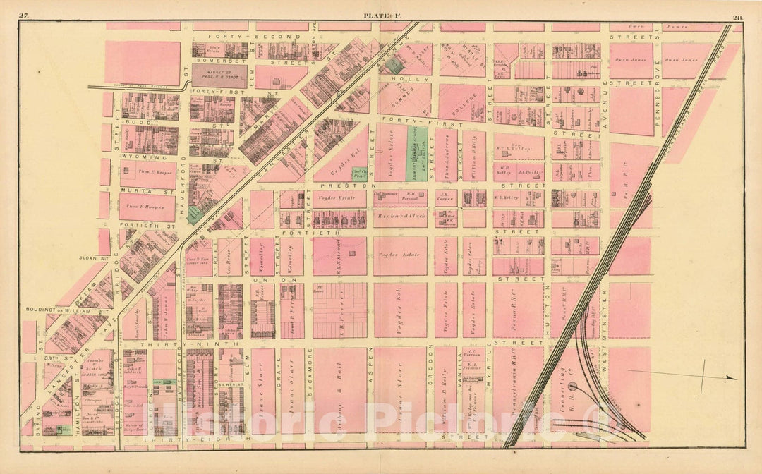 Historic Map : Atlas of West Philadelphia including the 24th & 27th Wards of the City of Philadelphia, West Philadelphia 1872 Plate F , Vintage Wall Art