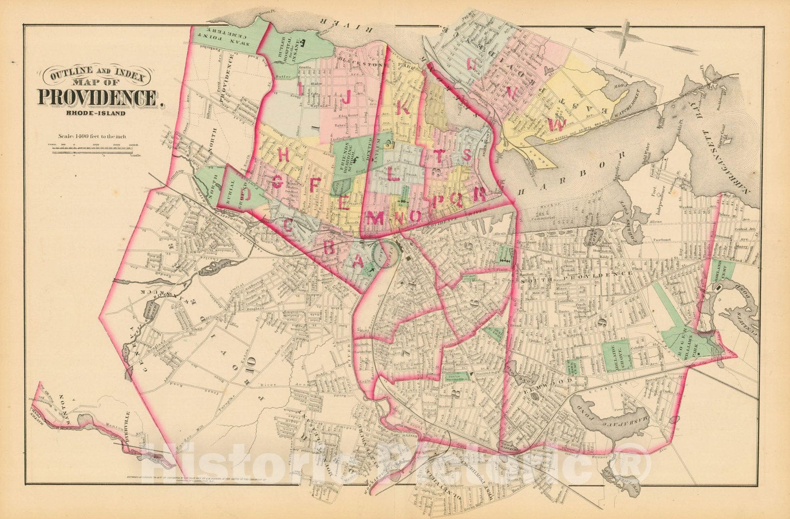 Historic Map : City Atlas of Providence Rhode Island by Wards, Volume I, East Providence & Providence 1875 Index Plate , Vintage Wall Art