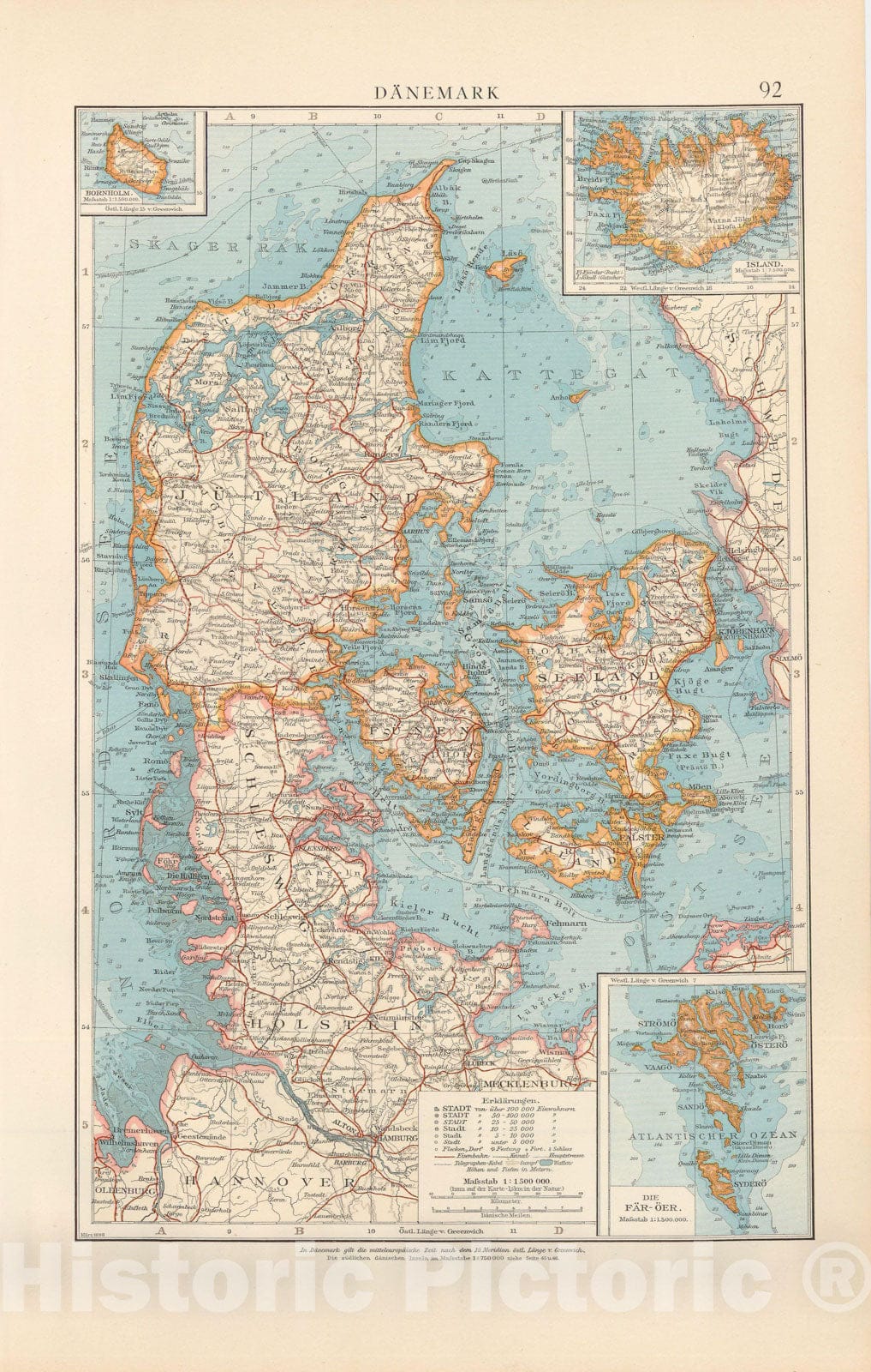 Historic Map : Denmark & Iceland 1899 , Andrees Allgemeiner Handatlas , Vintage Wall Art