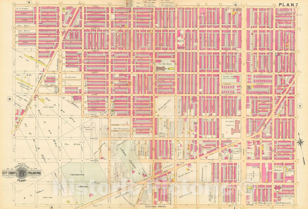 Historic Map : Baist's Property Atlas of Philadelphia, Philadelphia 1895 Plate 007 , Vintage Wall Art