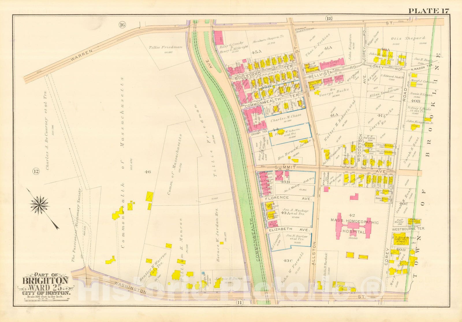 Historic Map : Atlas City of Boston, Wards 25 & 26 Brighton, Brighton 1916 Plate 017 , Vintage Wall Art