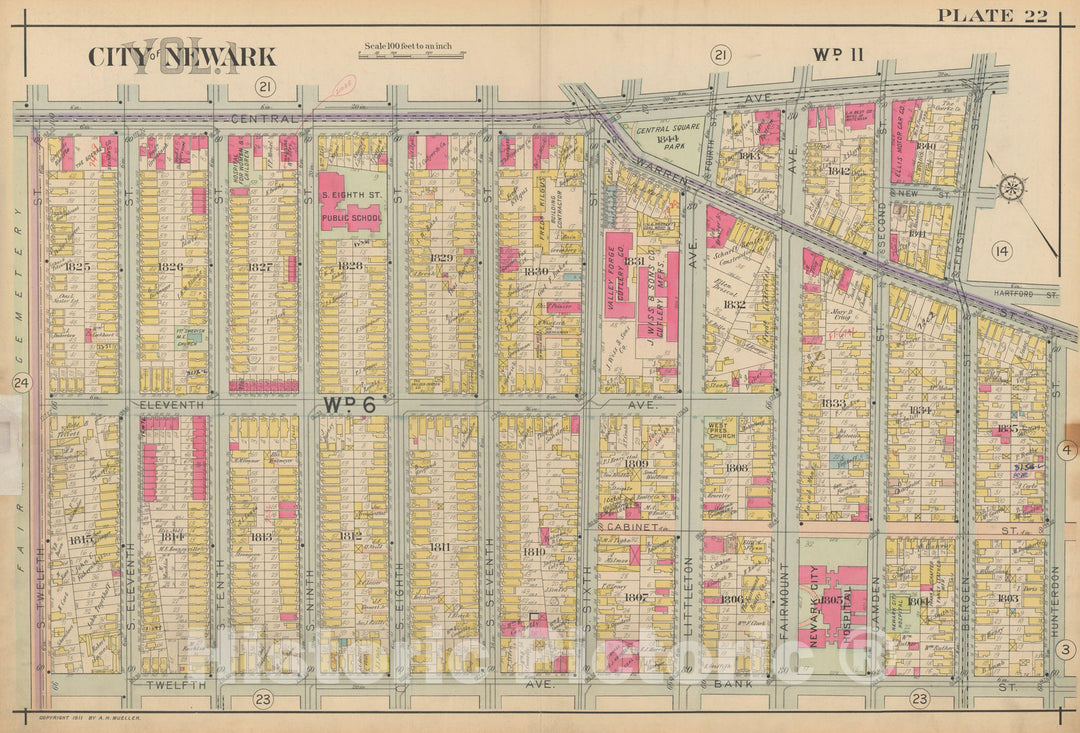 Historic Map : Atlas of Newark, Volume 1, Newark 1911 Plate 022 , Vintage Wall Art