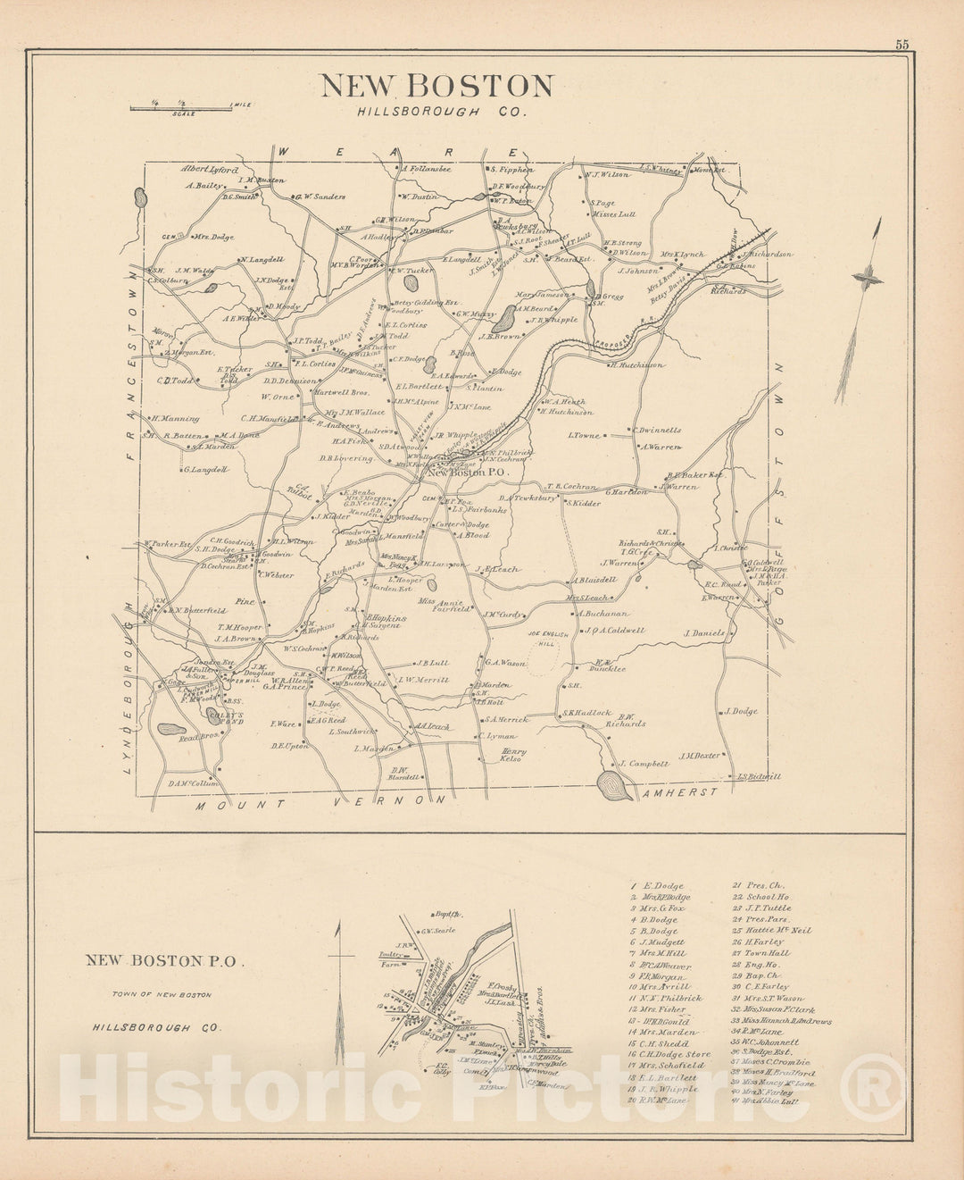 Historic Map : New Boston 1892 , Town and City Atlas State of New Hampshire , Vintage Wall Art