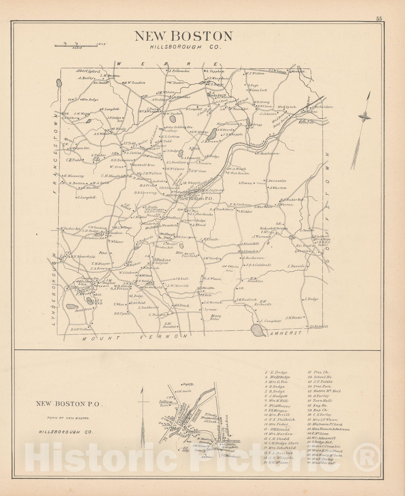 Historic Map : New Boston 1892 , Town and City Atlas State of New Hampshire , Vintage Wall Art