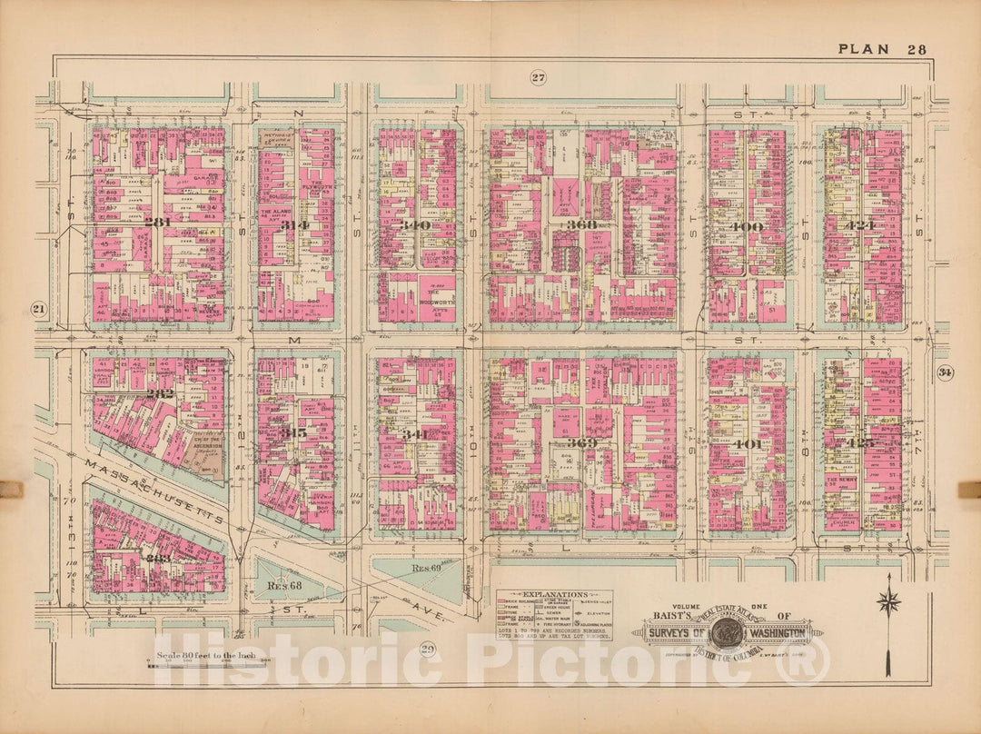 Historic Map : Atlas of Washington D.C. Volume 1 (Inner NW), Washington 1939 Plate 028 , Vintage Wall Art