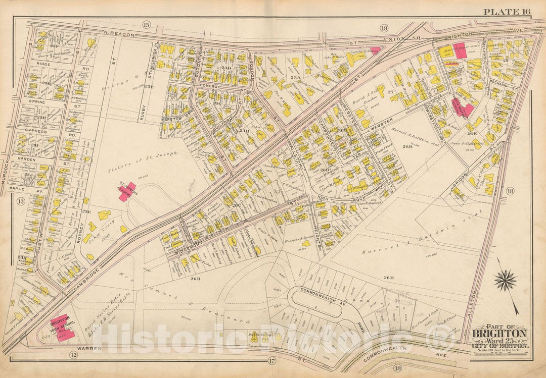 Historic Map : Atlas City of Boston Ward 25 Brighton, Allston 1909 Plate 016 , Vintage Wall Art