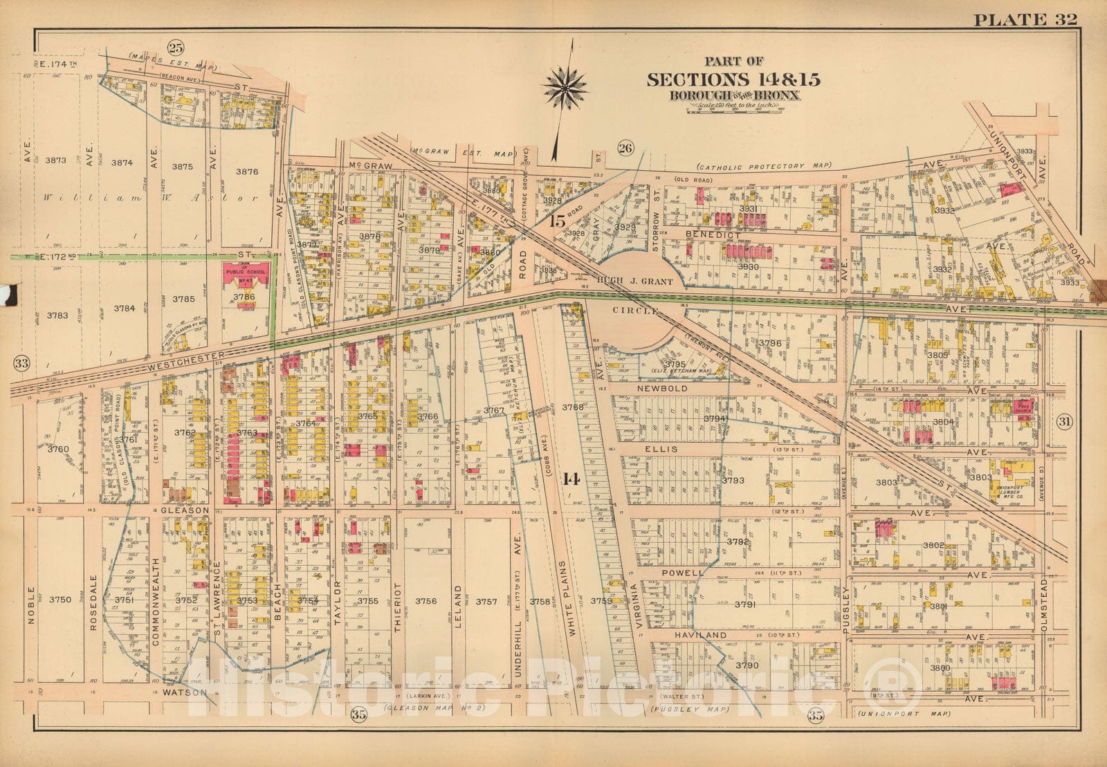 Historic Map : Atlas City of NY, Borough of The Bronx, Annexed District, The Bronx 1913 Plate 032 , Vintage Wall Art