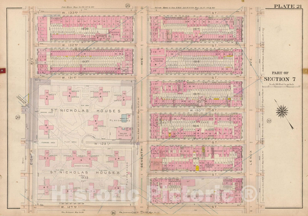 Historic Map : Atlas City of New York, Borough of Manhattan, Volume 4, 110th St to 145th St, Manhattan 1914 Plate 021 , Vintage Wall Art