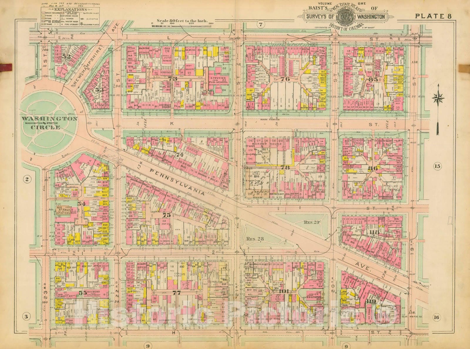 Historic Map : Atlas of Washington D.C. Volume 1 (NW), Washington 1909 Plate 008 , Vintage Wall Art