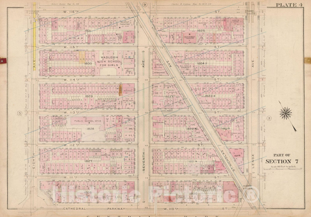 Historic Map : Atlas City of New York, Borough of Manhattan, Volume 4, 110th St to 145th St, Manhattan 1914 Plate 004 , Vintage Wall Art