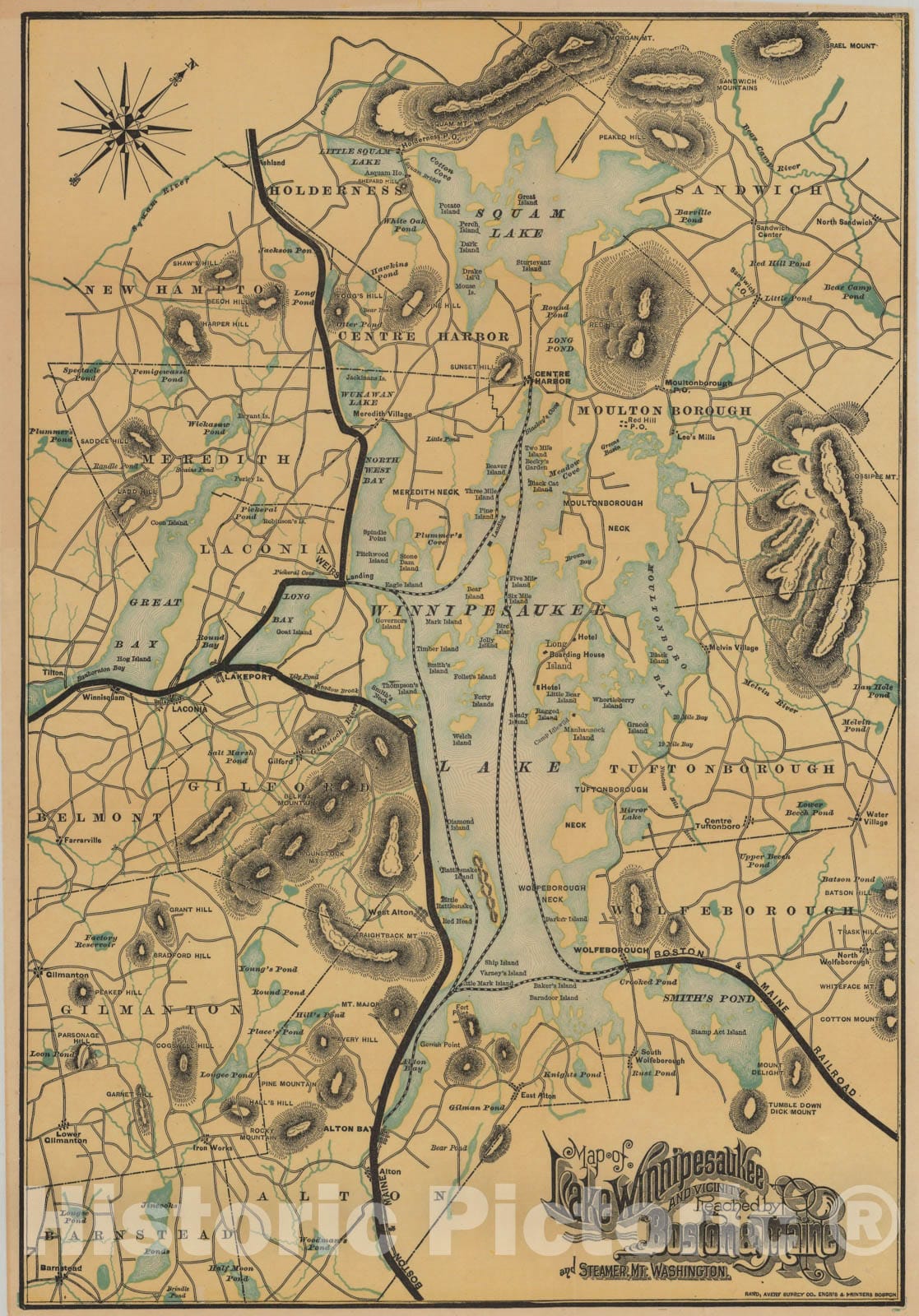 Historic Map : Boston & Maine Railroad Maps, Lake Winnipesaukee & Vicinity 1901 Transit Railroad Catography , Vintage Wall Art