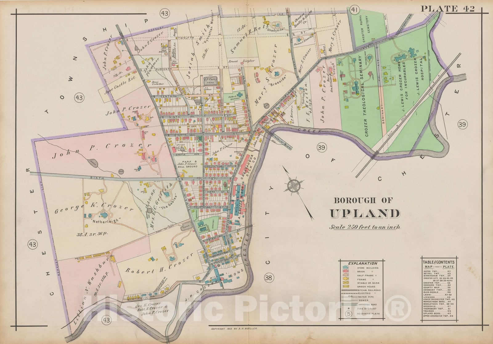 Historic Map : Atlas of Delaware County, West of Ridley Creek, Vol. Two, Upland 1913 Plate 042 , Vintage Wall Art