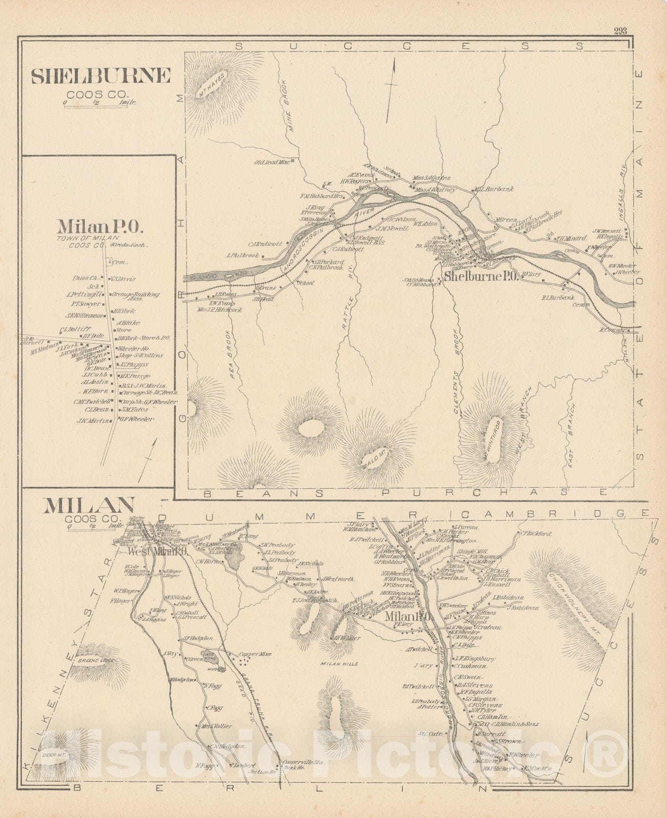 Historic Map : Milan & Shelburne 1892 , Town and City Atlas State of New Hampshire , Vintage Wall Art