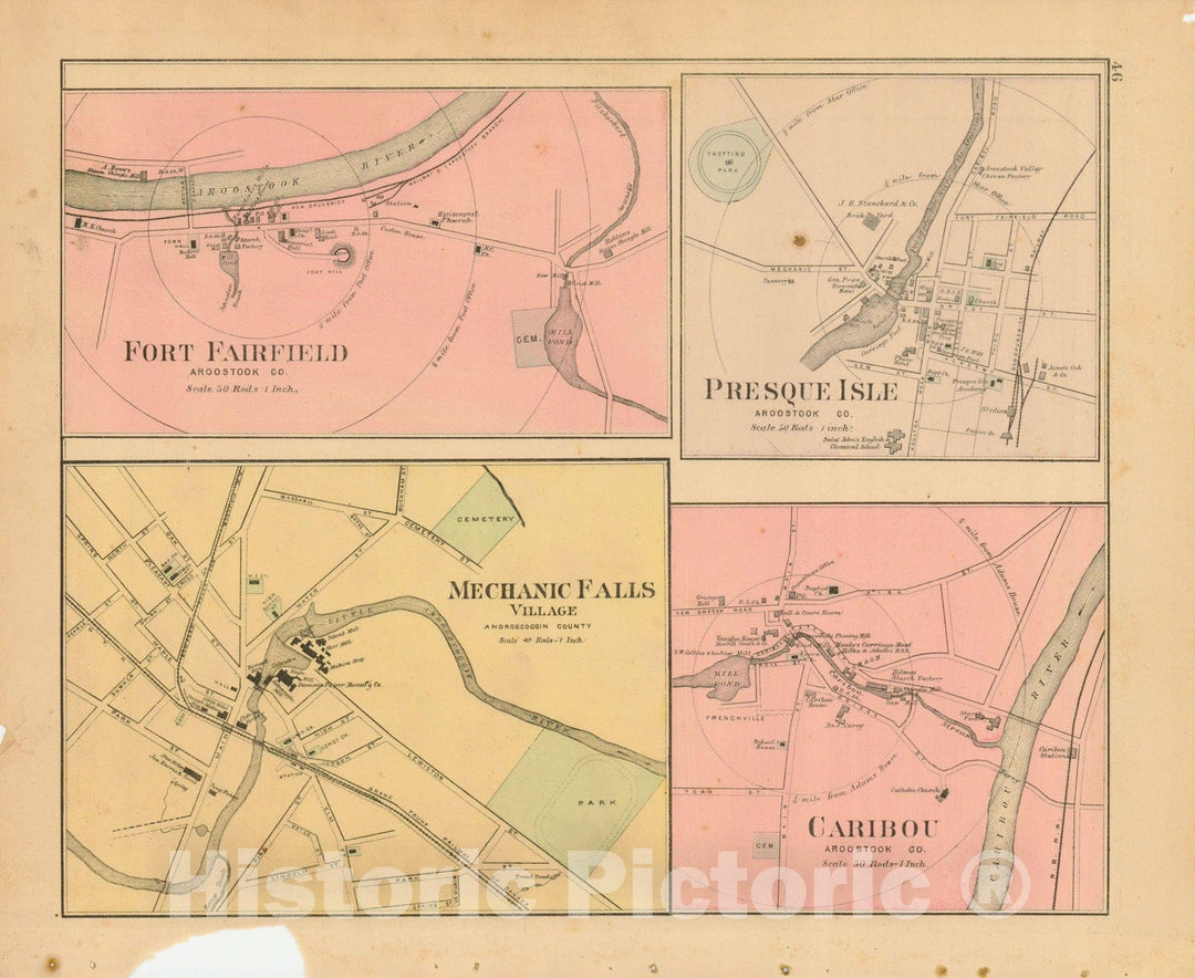 Historic Map : Atlas State of Maine, Caribou & Fort Fairfield & Mechanic Falls & Presque Isle 1894-95 , Vintage Wall Art