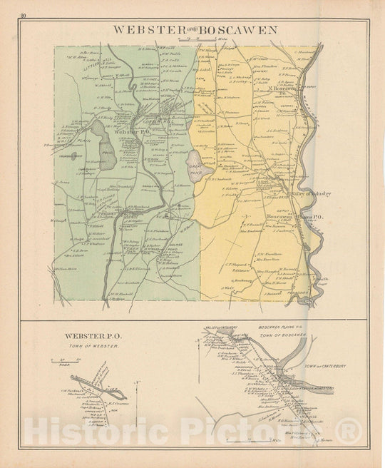 Historic Map : Boscawen & Webster 1892 , Town and City Atlas State of New Hampshire , Vintage Wall Art