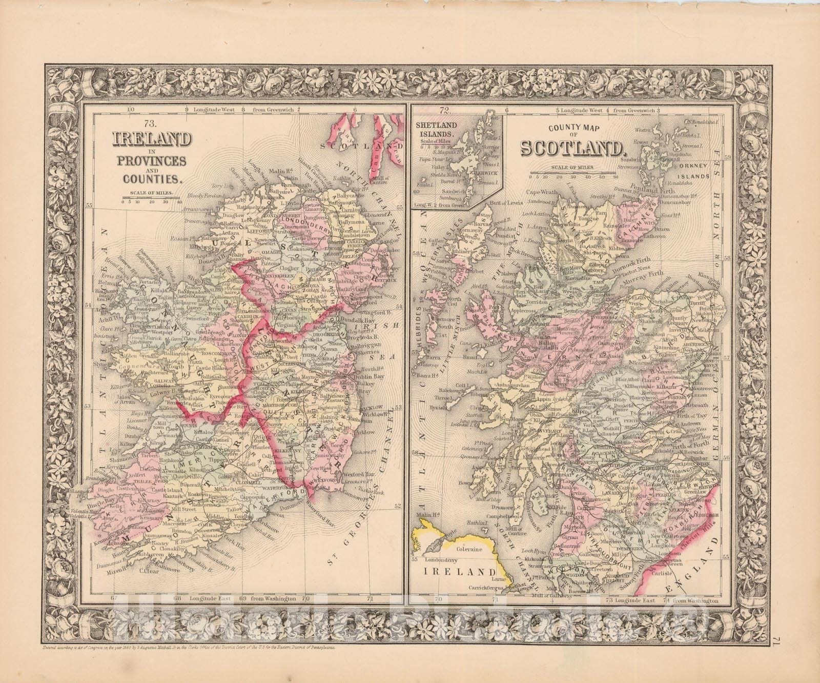 Historic Map : Scotland & Ireland 1864 , New General (World) Atlas , Vintage Wall Art