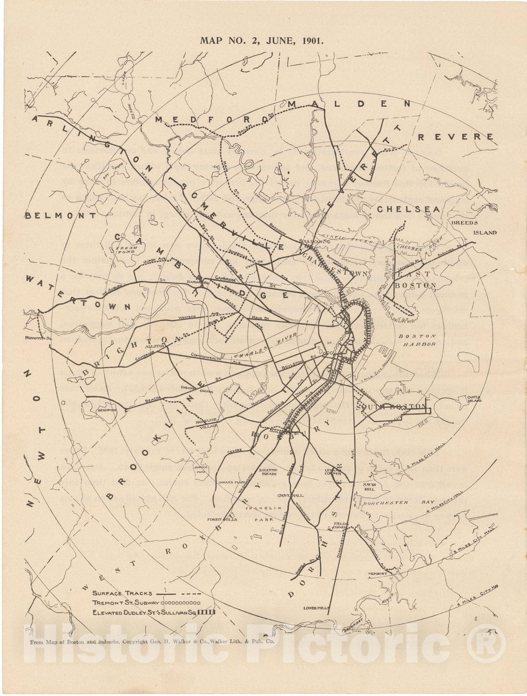 Historic Map : Boston Elevated Railway Co. Informational Maps, Map 2: System 1901; published 1910 Transit Railroad Catography , Vintage Wall Art