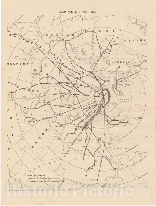 Historic Map : Boston Elevated Railway Co. Informational Maps, Map 2: System 1901; published 1910 Transit Railroad Catography , Vintage Wall Art