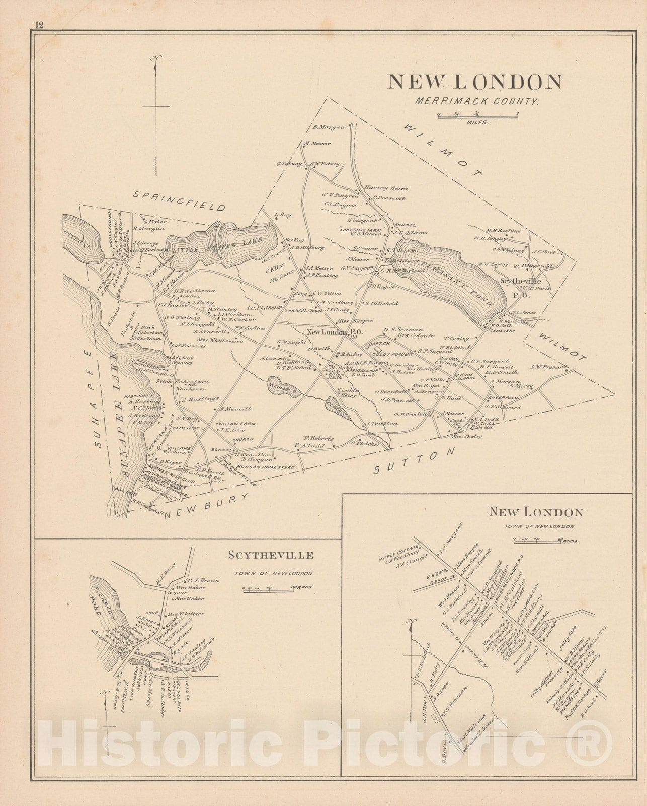 Historic Map : New London 1892 , Town and City Atlas State of New Hampshire , Vintage Wall Art