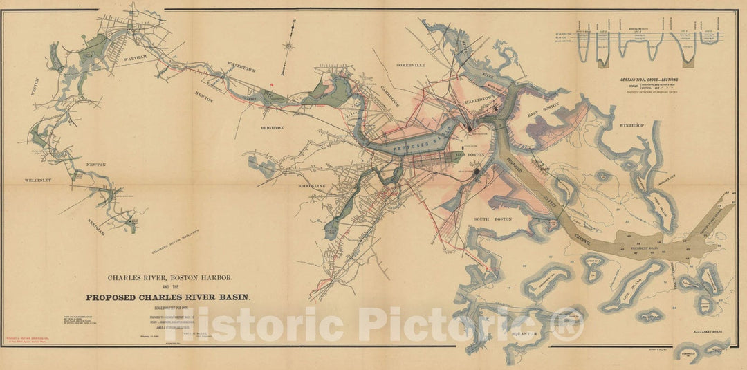 Historic Map : Proposed Charles River Basin 1902 Charles River Dam Report , Vintage Wall Art