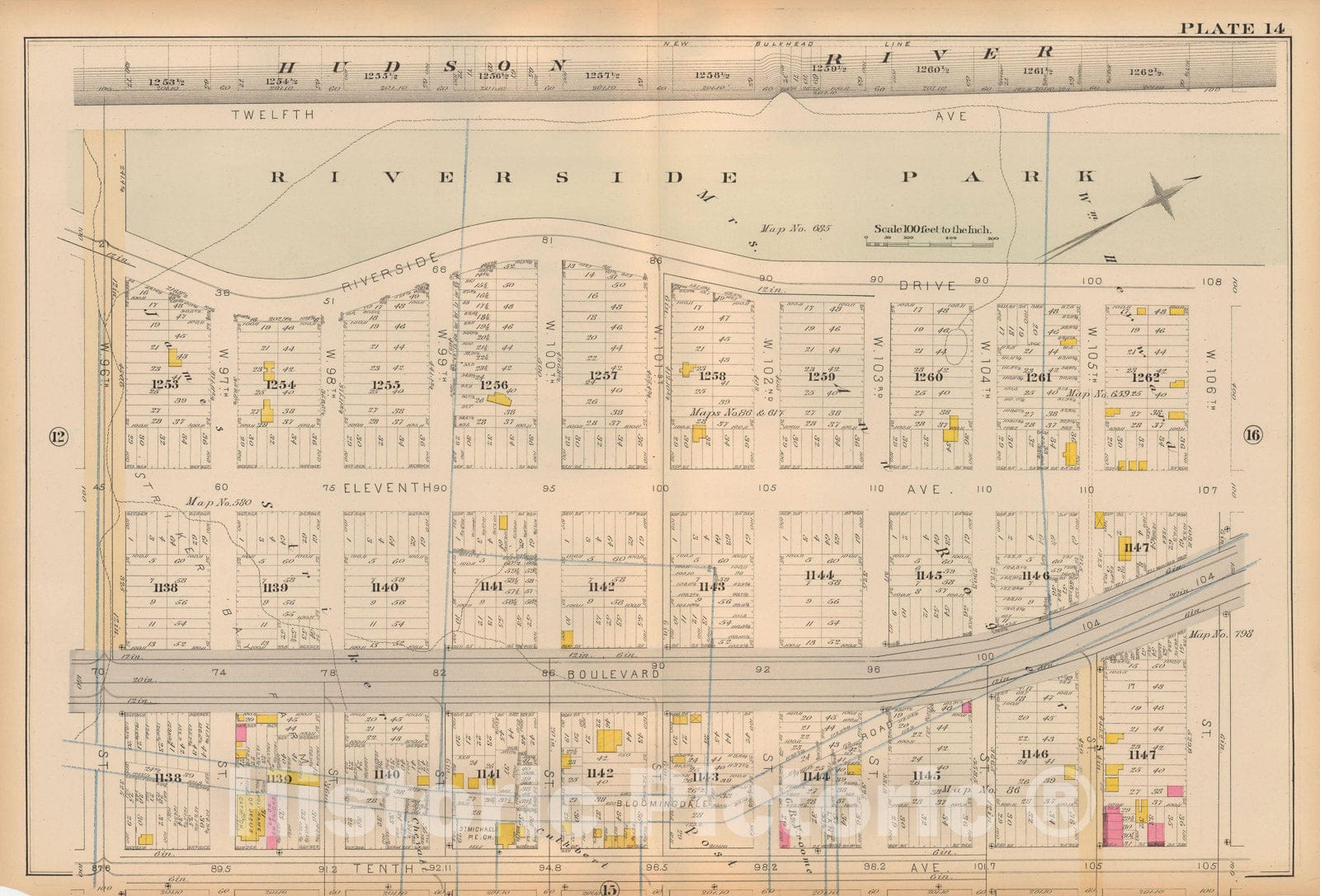 Historic Map : Atlas City of New York, Vol 2 ... 12th Ward, 2nd Ed., Manhattan 1884 Plate 014 , Vintage Wall Art