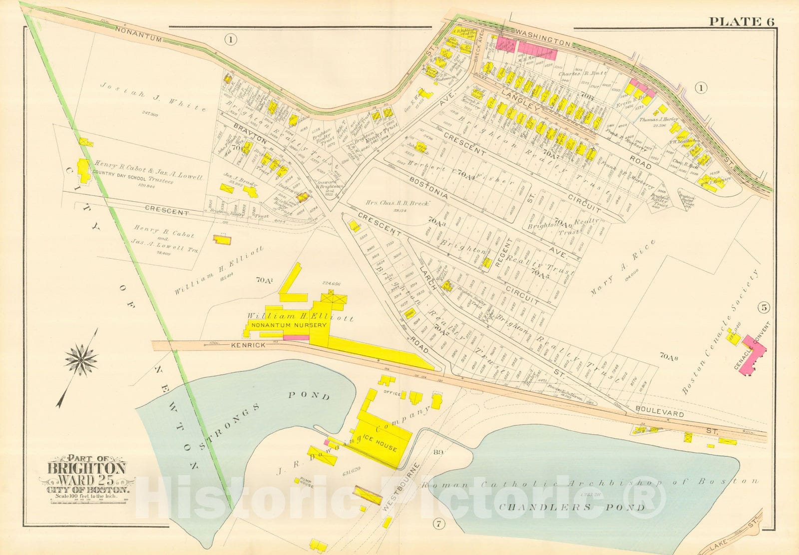 Historic Map : Atlas City of Boston, Wards 25 & 26 Brighton, Brighton 1916 Plate 006 , Vintage Wall Art