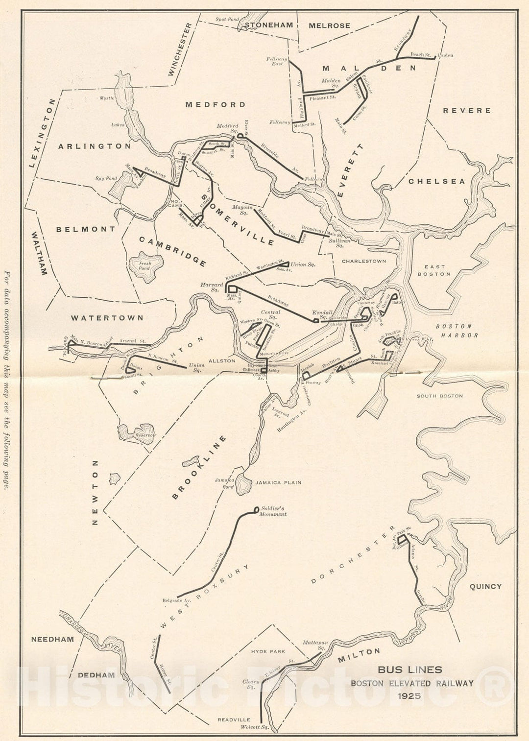 Historic Map : Greater Boston Transit Maps, Boston Elevated Railway Bus Lines 1925 Railroad Catography , Vintage Wall Art