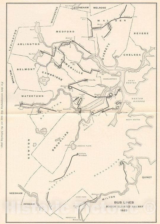 Historic Map : Greater Boston Transit Maps, Boston Elevated Railway Bus Lines 1925 Railroad Catography , Vintage Wall Art