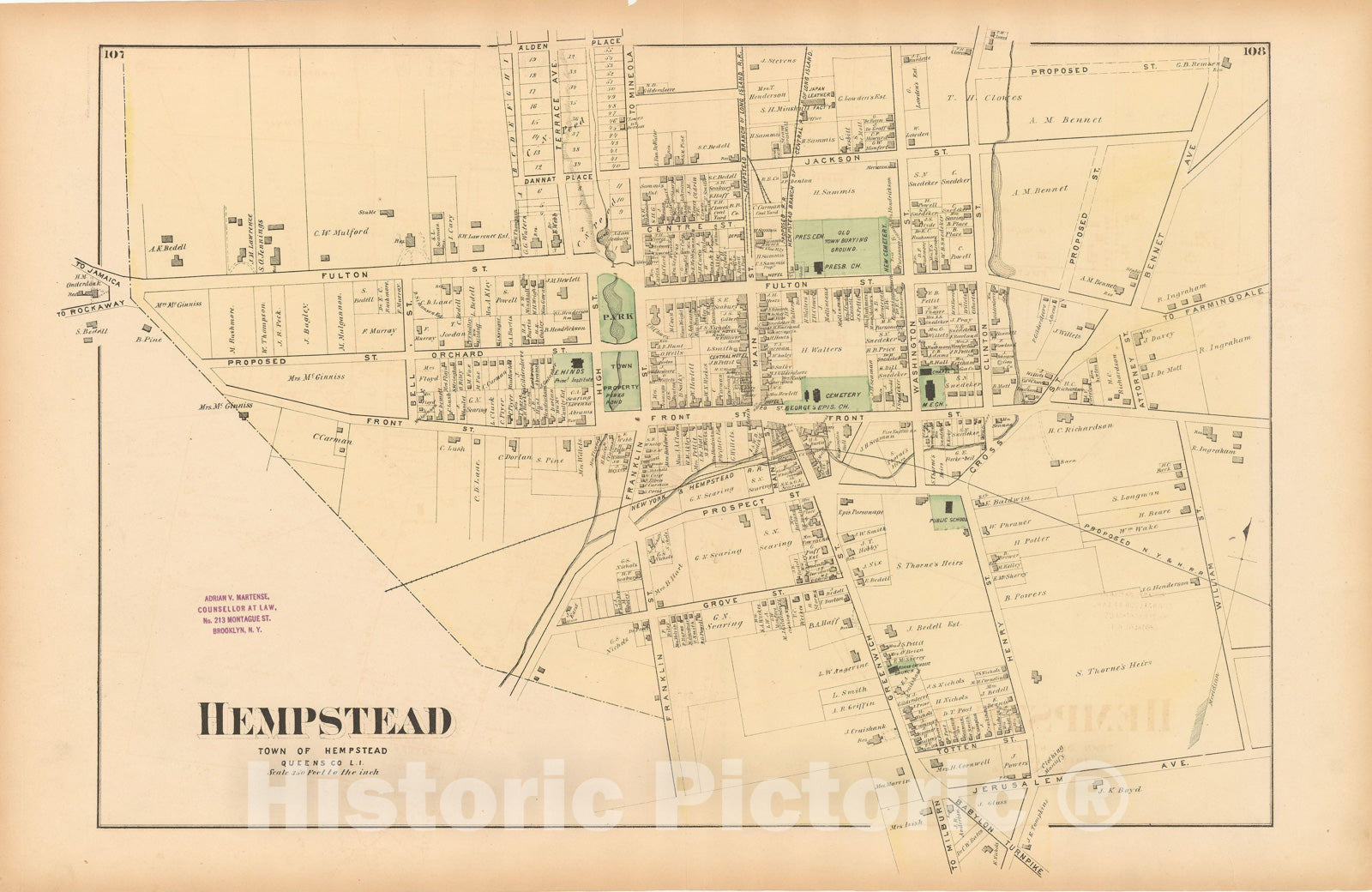 Historic Map : Atlas of Long Island, New York, Hempstead 1873 , v5, Vintage Wall Art