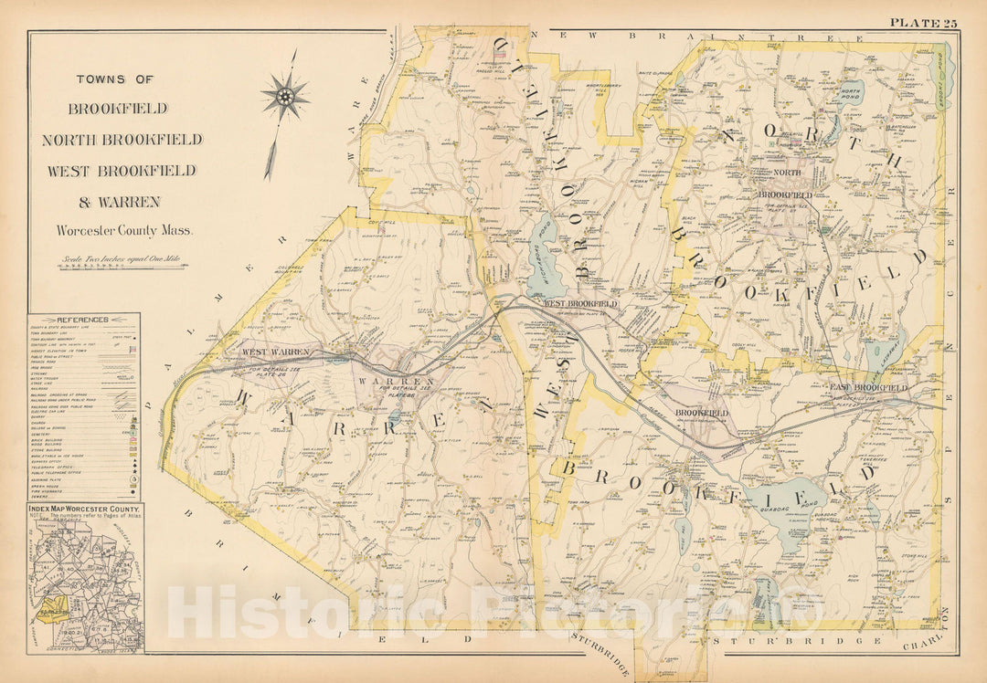 Historic Map : New Topo Atlas County of Worcester, Brookfield & North Brookfield & Warren & West Brookfield 1898 Plate 025 , Vintage Wall Art