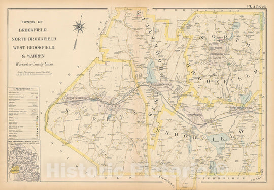 Historic Map : New Topo Atlas County of Worcester, Brookfield & North Brookfield & Warren & West Brookfield 1898 Plate 025 , Vintage Wall Art