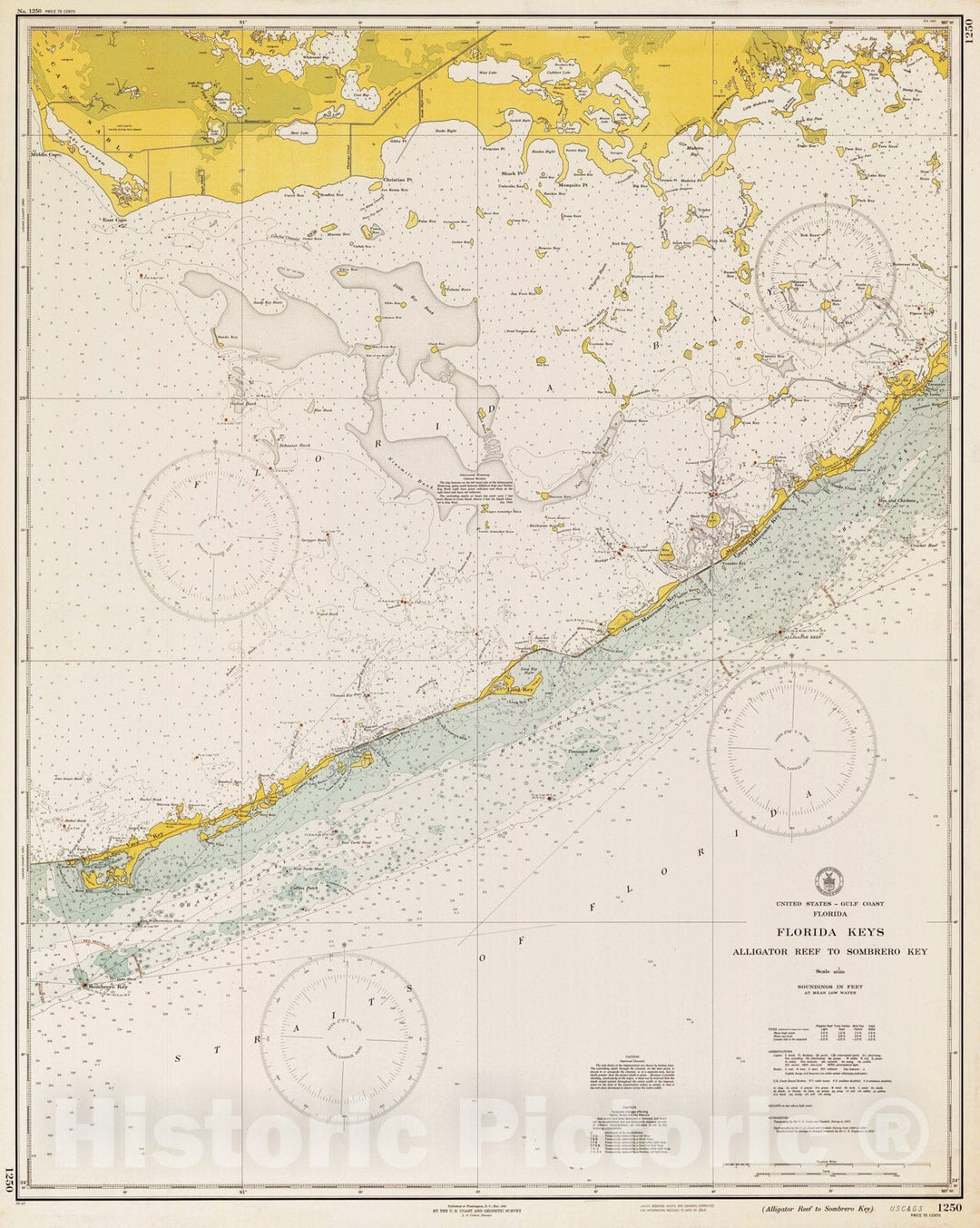 Historic Map : Coastal Charts - Florida Keys: Aligator Reef to Sombrero Key 1952 , Vintage Wall Art