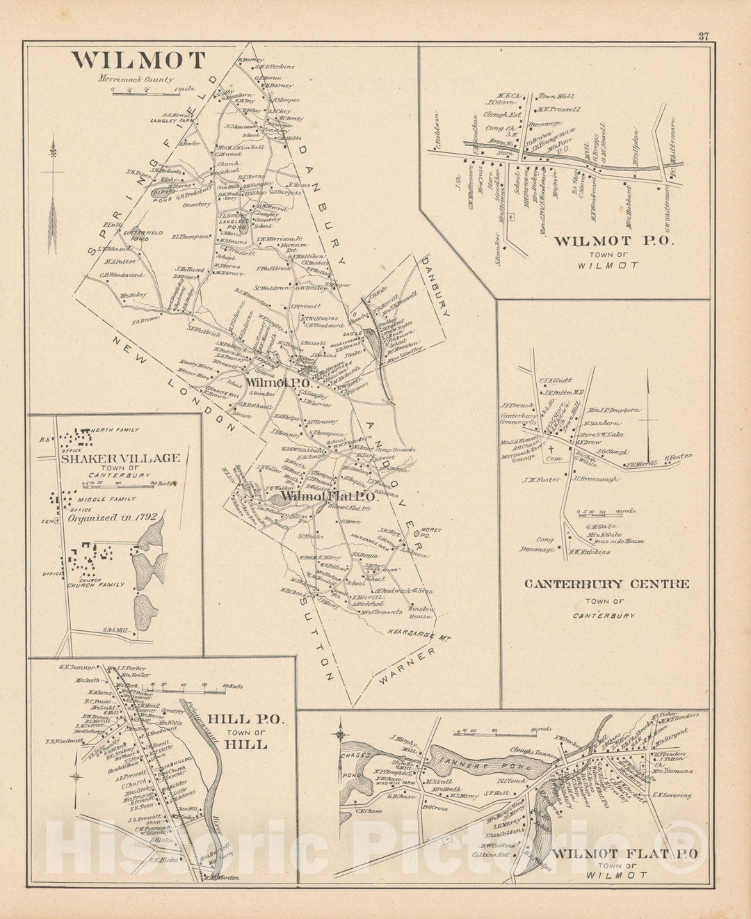 Historic Map : Canterbury & Hill & Wilmot 1892 , Town and City Atlas State of New Hampshire , Vintage Wall Art