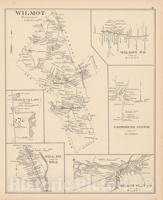 Historic Map : Canterbury & Hill & Wilmot 1892 , Town and City Atlas State of New Hampshire , Vintage Wall Art