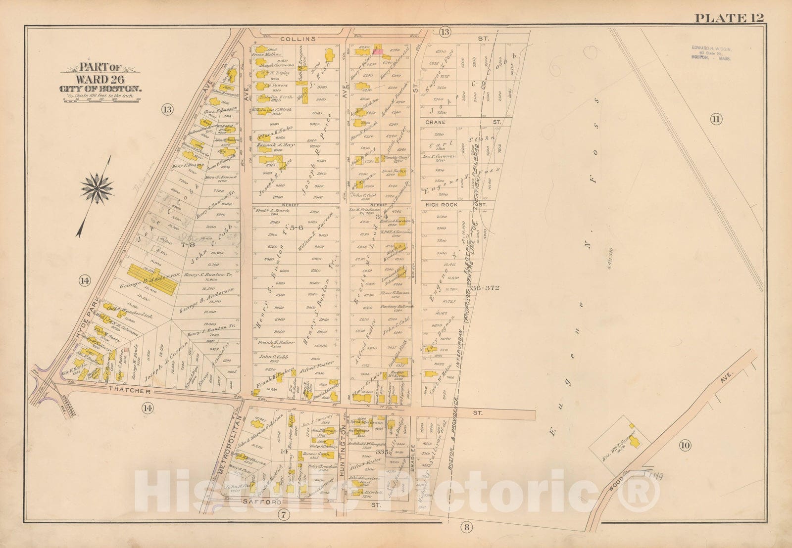 Historic Map : Atlas City of Boston Ward 26 Hyde Park, Hyde Park 1912 Plate 012 , Vintage Wall Art