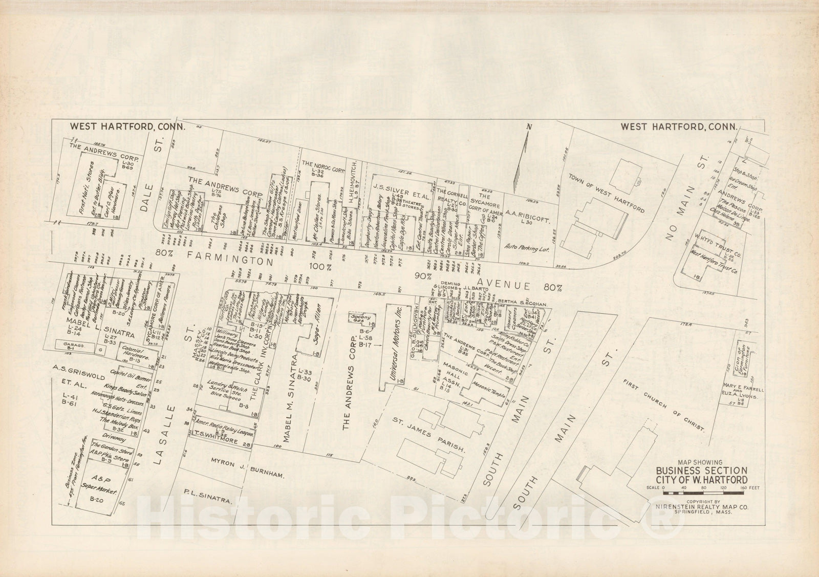 Historic Map : New England States Ed., West Hartford 1946 , Nirenstein's Real Estate Locations of Business Properties , Vintage Wall Art