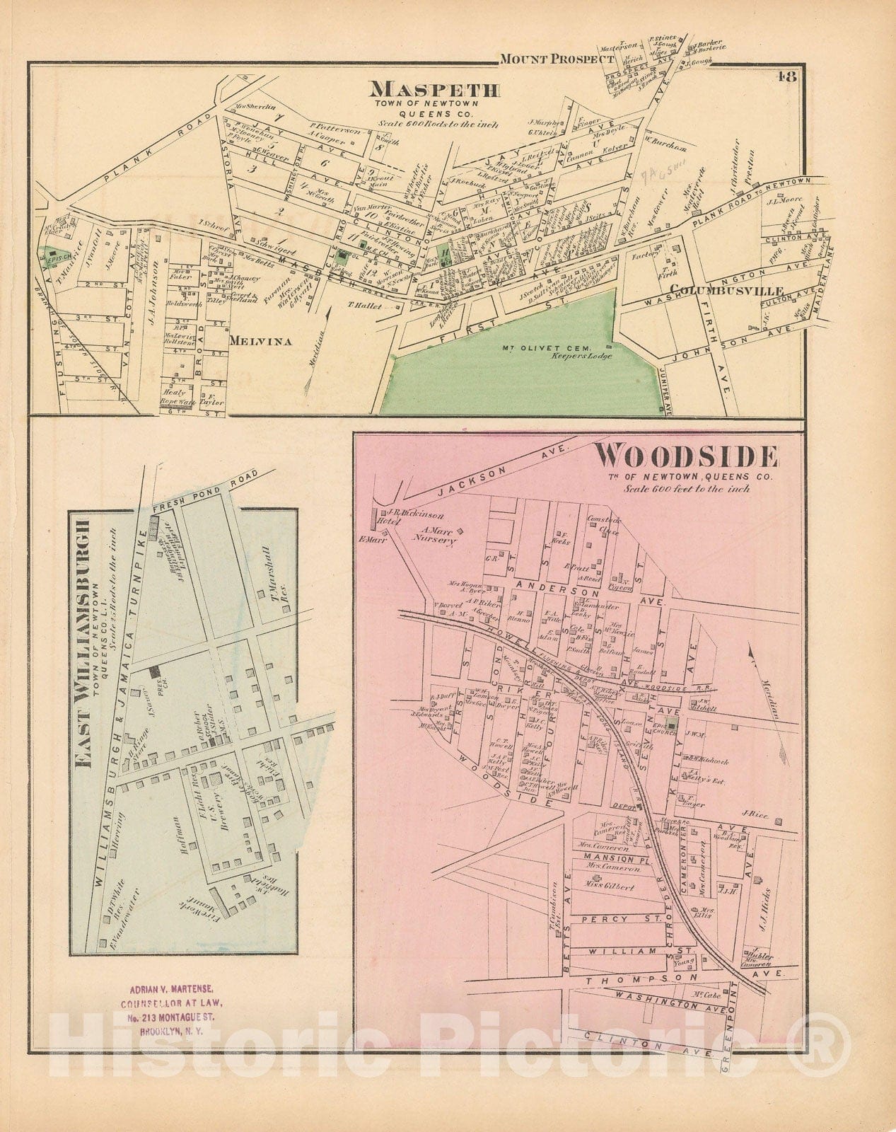 Historic Map : Atlas of Long Island, New York, Newtown & Queens 1873 , v3, Vintage Wall Art